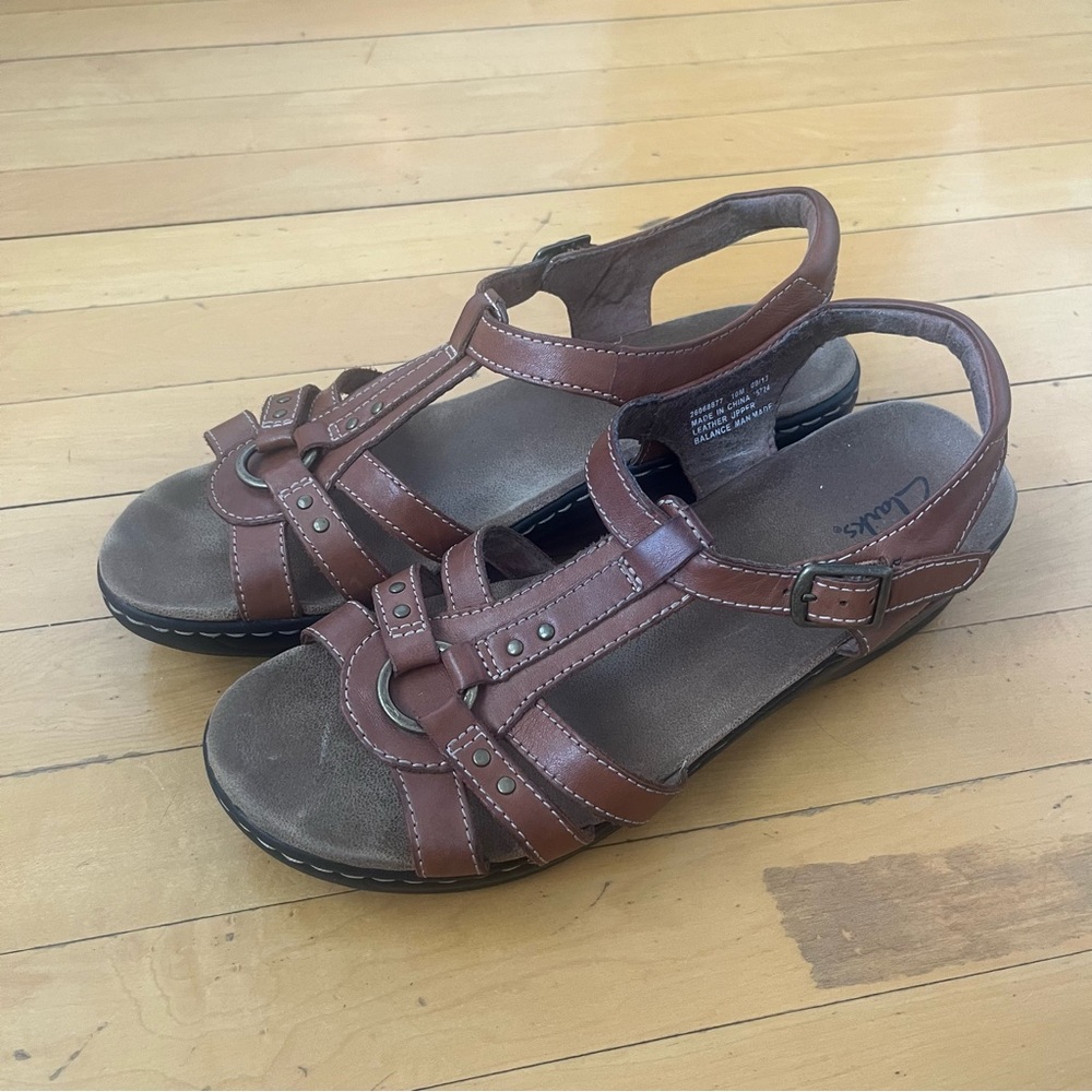 Clarks Light Brown Leather Strapey Heeled Sandals Ankle Buckle Size 10M